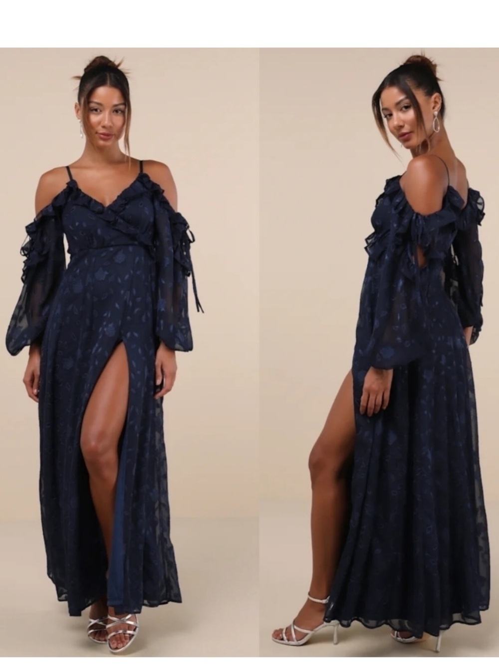 NWT Lulus Pleasant Aura Navy Blue Floral Burnout Cold-shoulder Maxi Dress Small